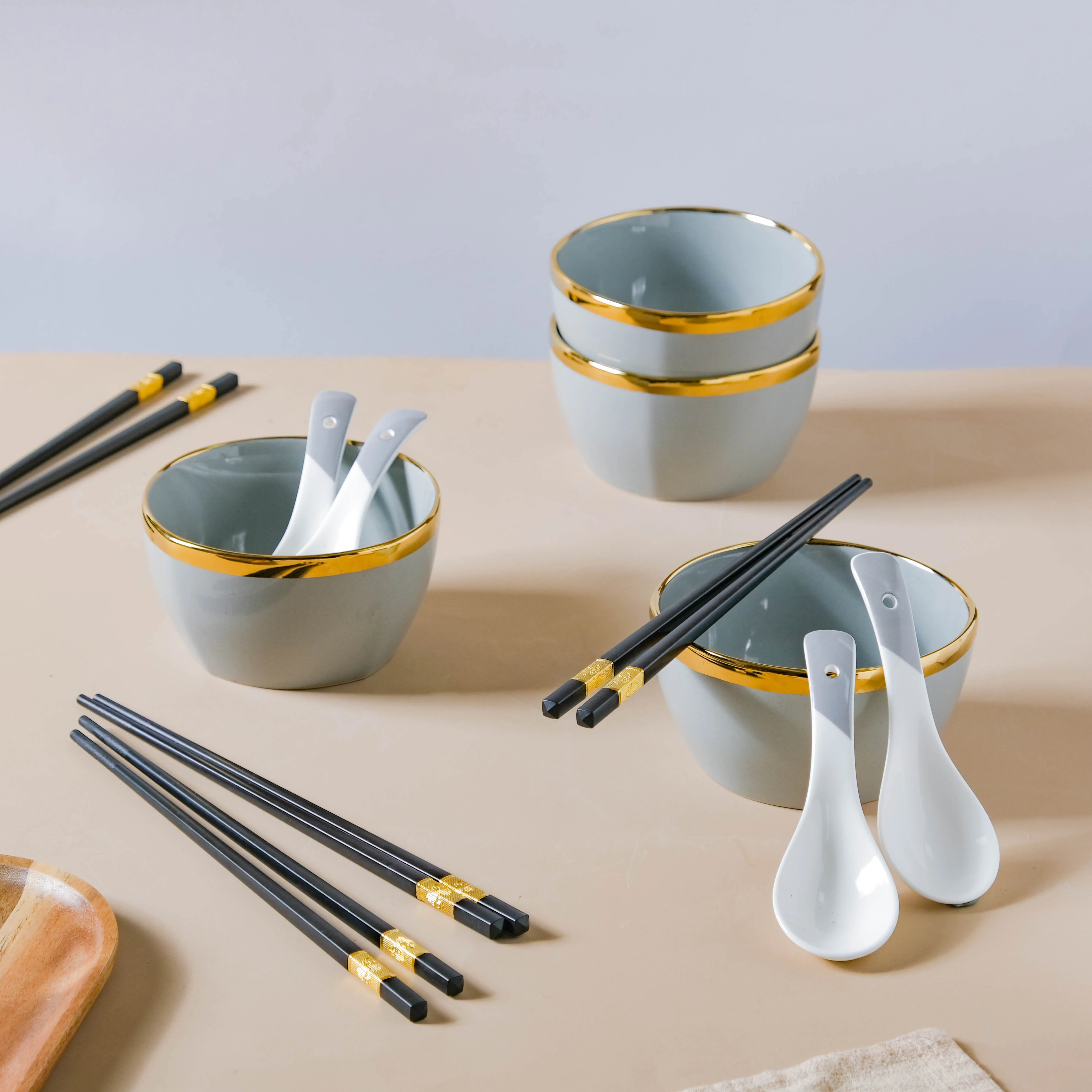 Gorgeous Grey Snack Bowl Set Of 4 With Chopsticks And Soup Spoons - Image 9