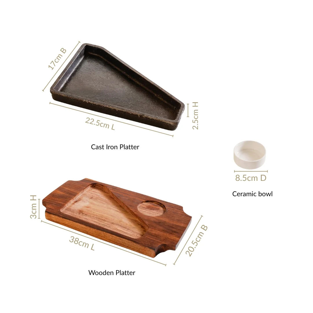 Gourmet Sizzler Plate With Dip Bowl And Wooden Base - Image 4