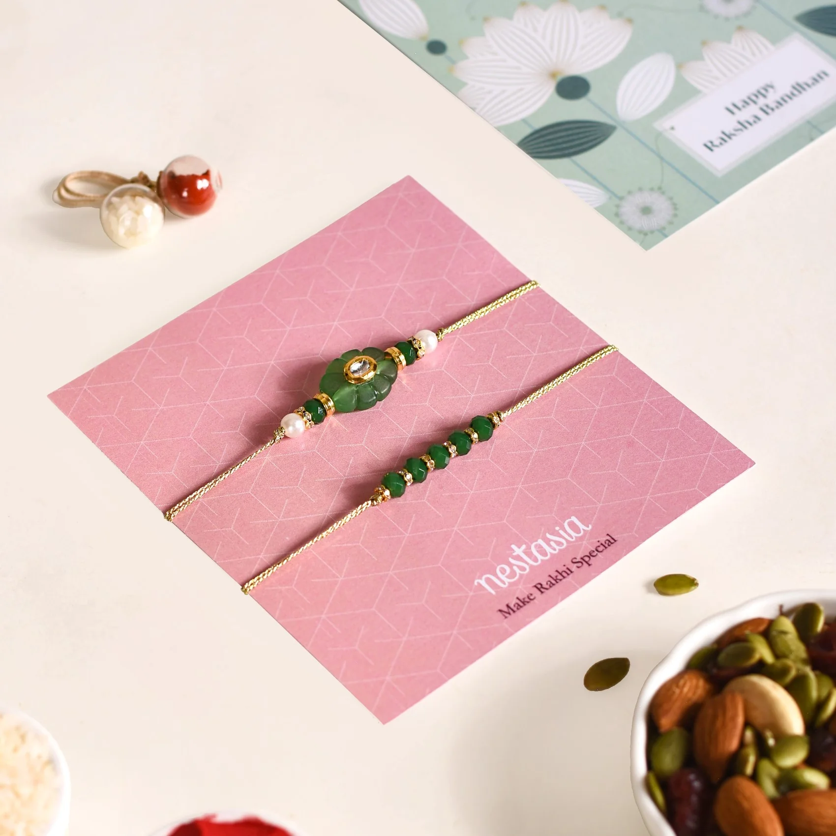 Green Flora Rakhi Set Of 4 With Box And Card - Image 6