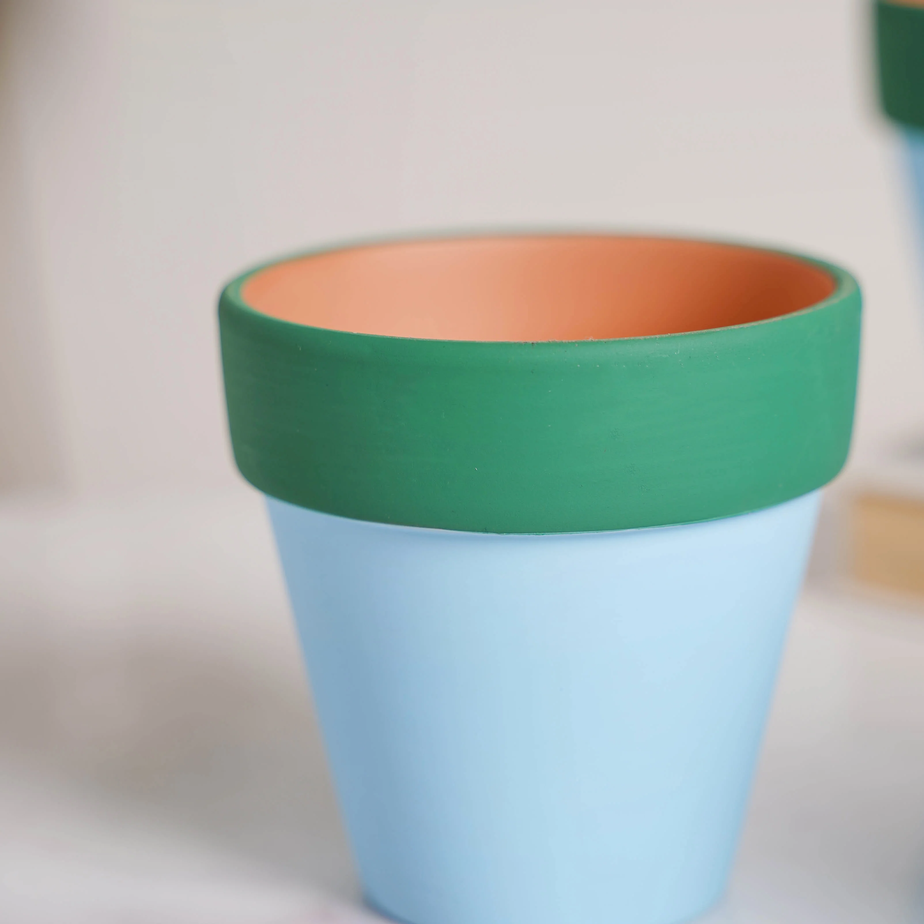 Green Rim Light Blue Clay Pot Set Of 4 - Image 6