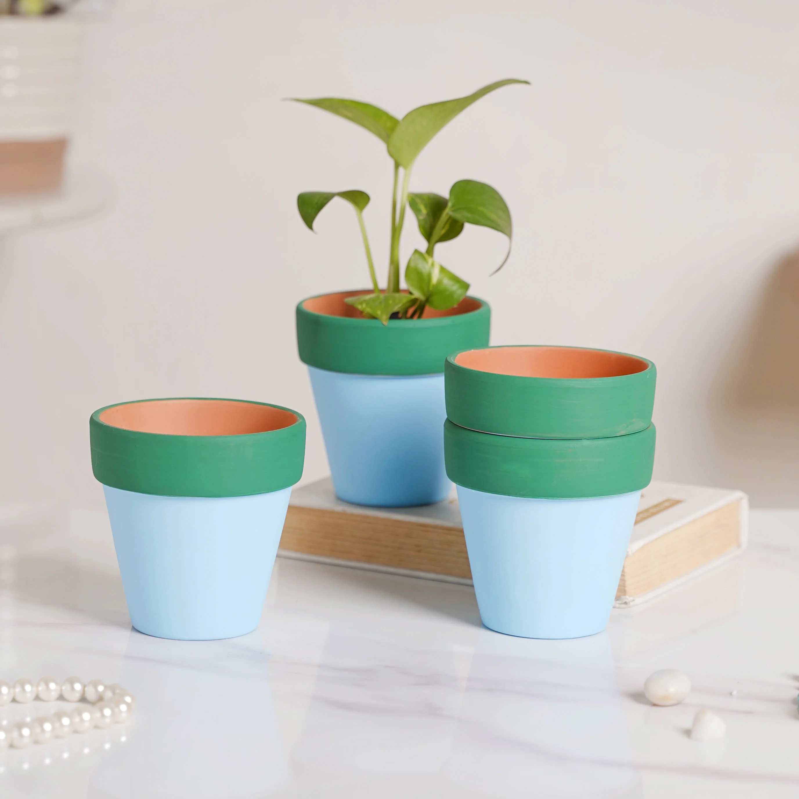 Green Rim Light Blue Clay Pot Set Of 4 - Image 8