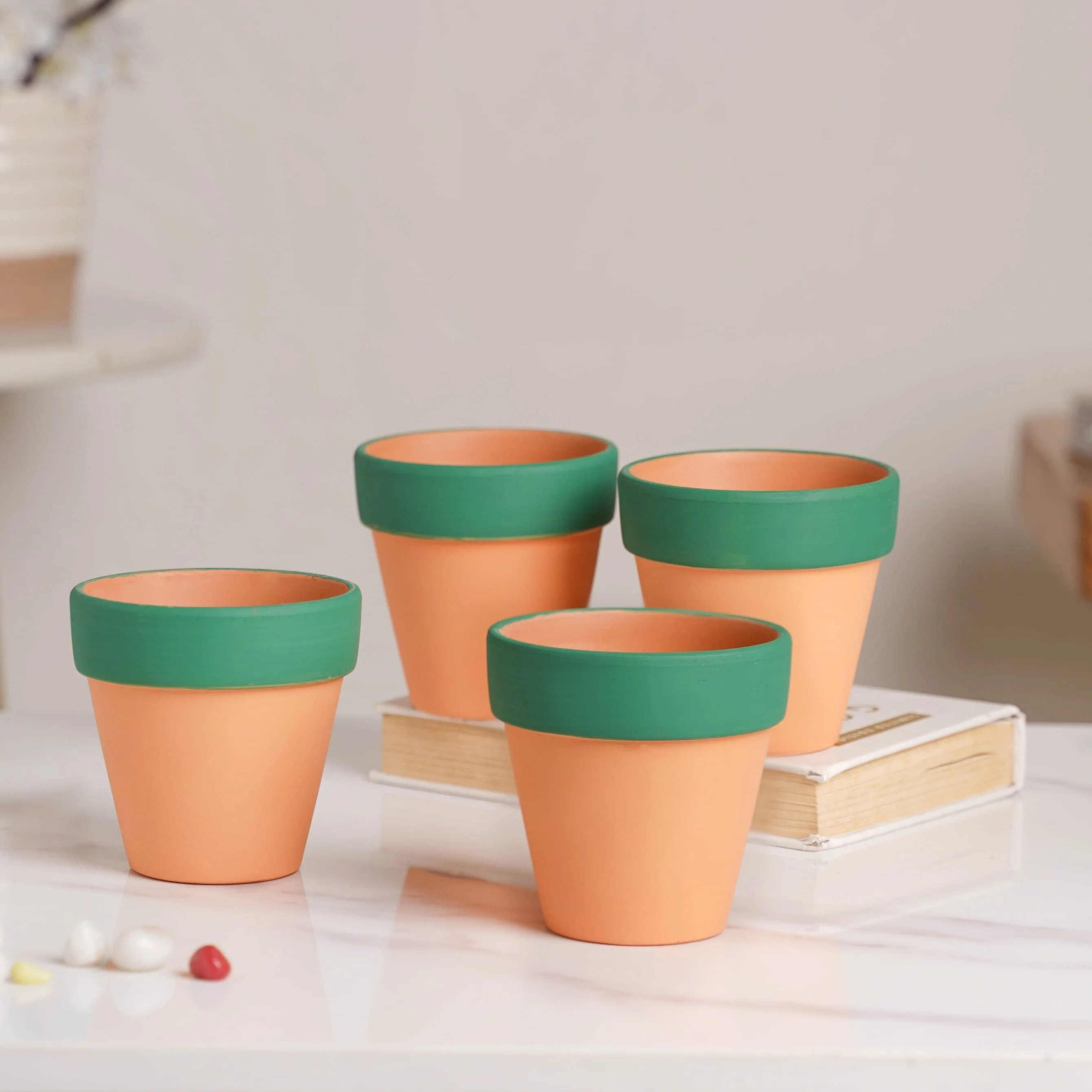 Green Rim Orange Clay Pot Set Of 4 - Image 2