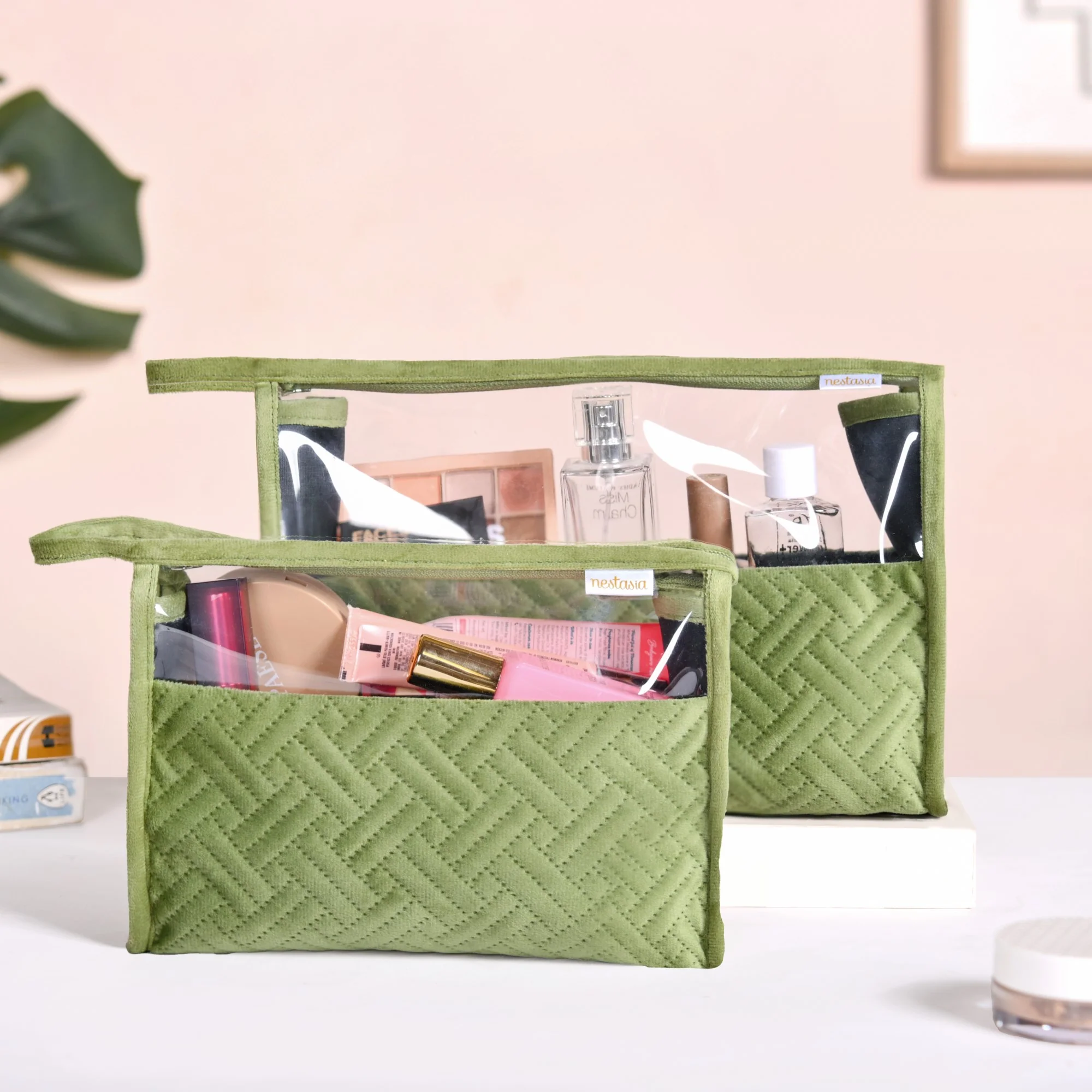 Green Velvet Transparent Travel Pouch Set Of 2 - Image 5