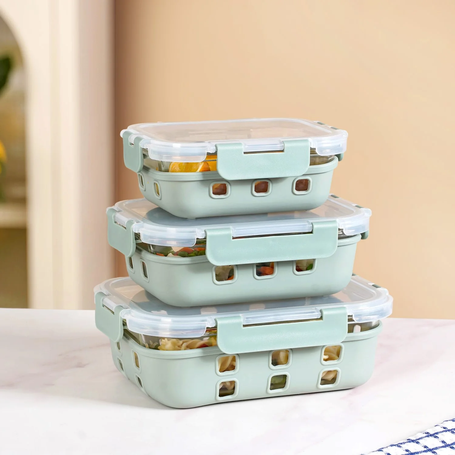 Gripso Microwave Safe Meal Prep Container With Silicone Sleeves Set Of 3 Sage Green S 370ml M 600ml L 1000ml - Image 9