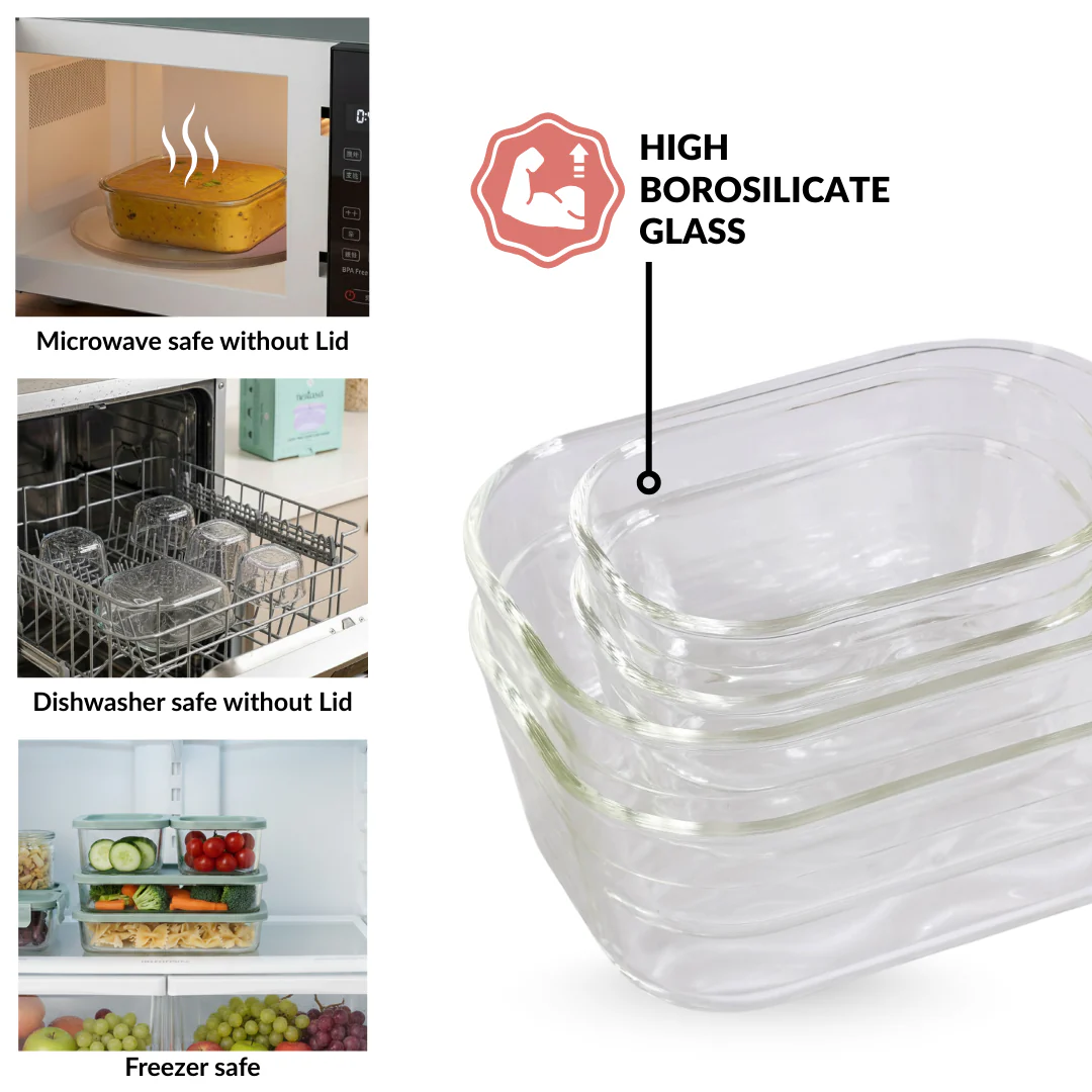 Groovo Borosilicate Premium Food Container With Lid Set Of 7 310ml 520ml 1200ml Beige - Image 7