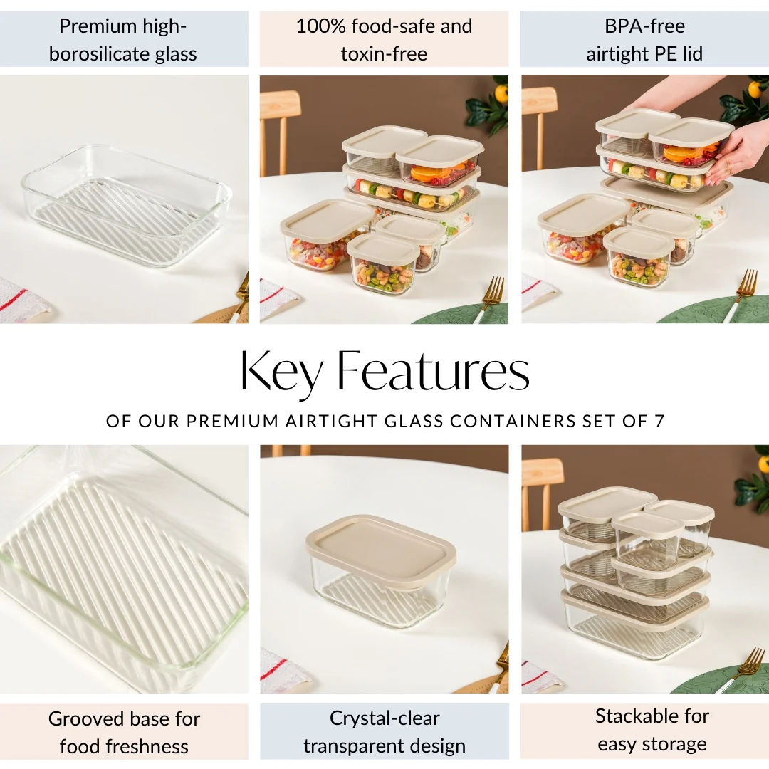 Groovo Premium Airtight Glass Containers Set Of 7 S 310ml M 520ml L 750ml XL 1200ml XXL 1700ml - Image 6