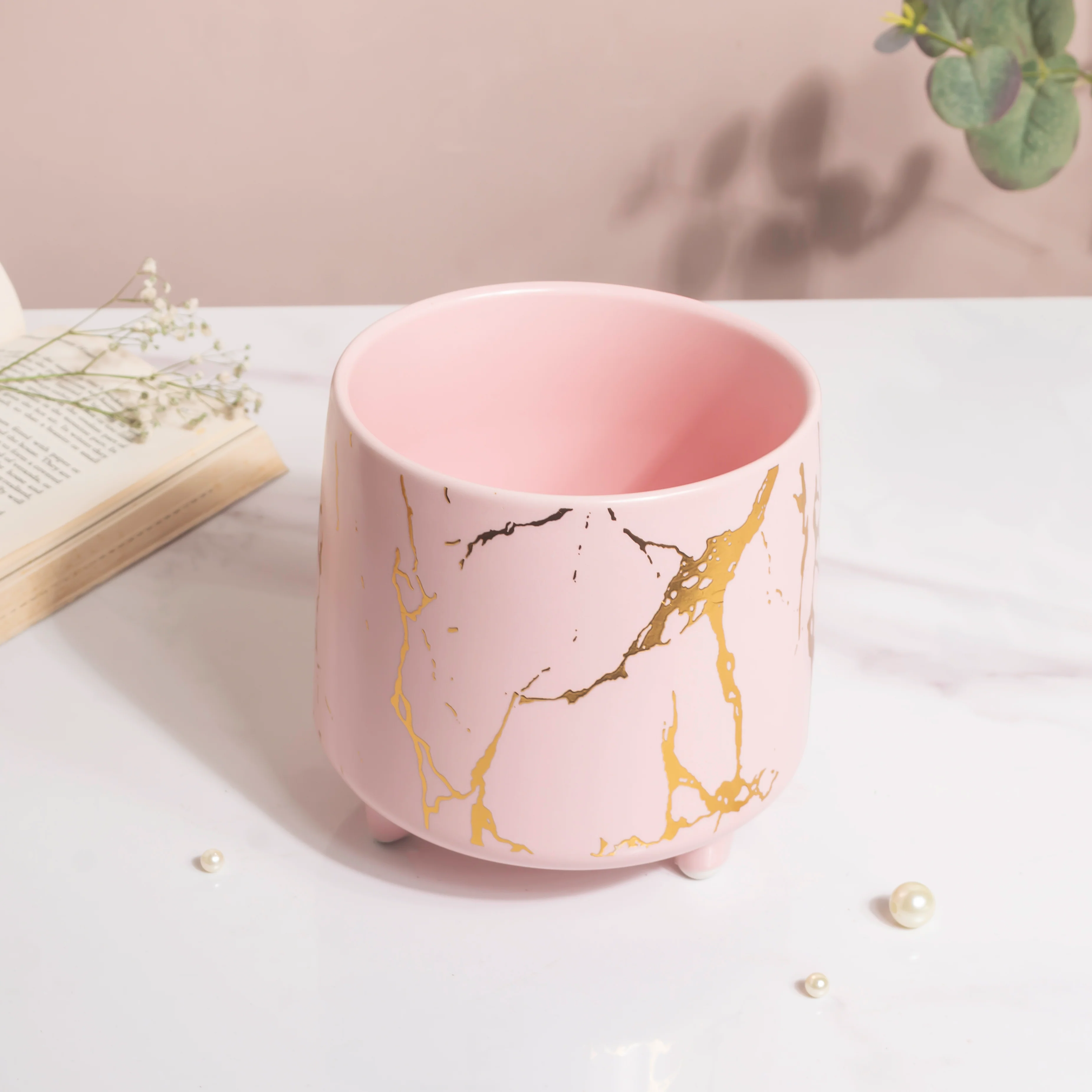 Halcyon Gold Pink Marble Ceramic Planter With Legs Large - Image 5