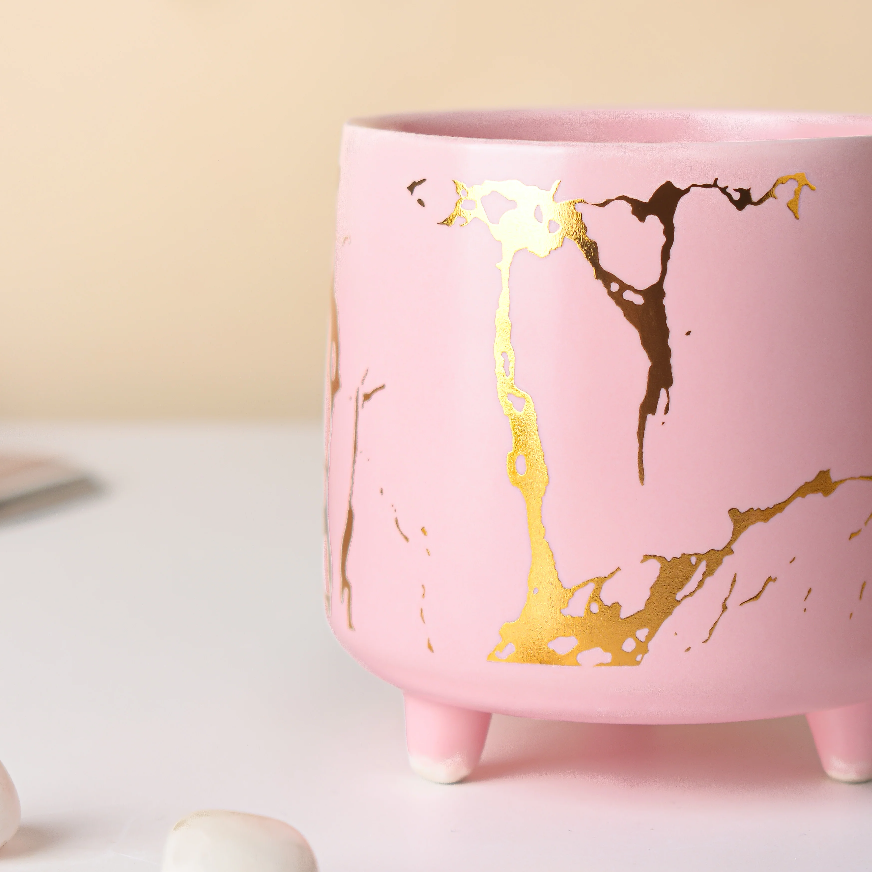 Halcyon Gold Pink Marble Ceramic Planter With Legs Small - Image 4