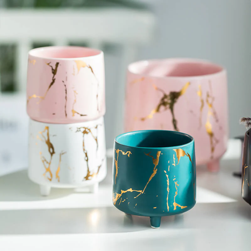 Halcyon Gold Pink Marble Ceramic Planter With Legs Small - Image 7
