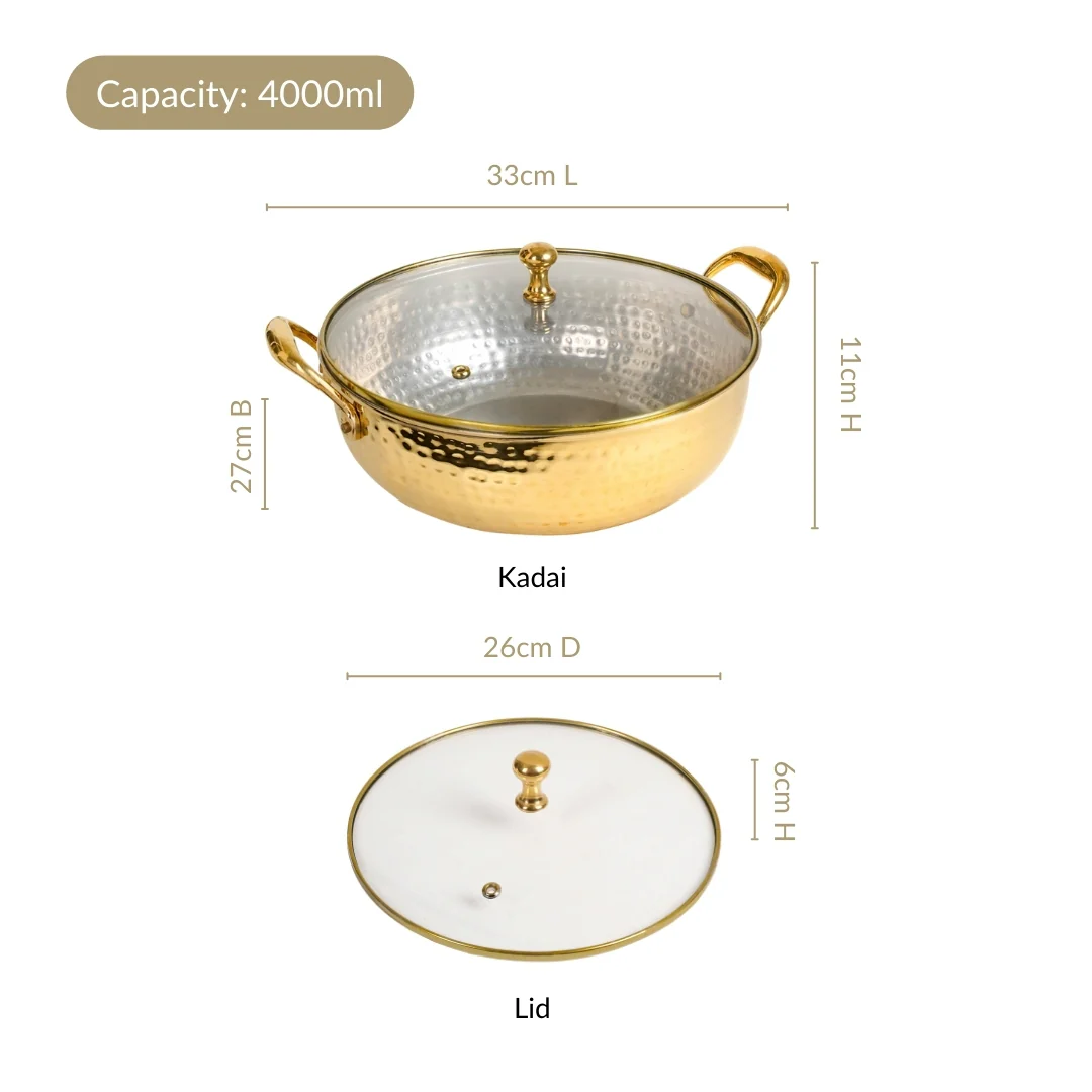 Hammered Pure Brass Kadhai With Glass Lid 4000ml - Image 6