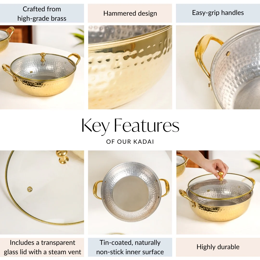 Hammered Pure Brass Kadhai With Glass Lid 4000ml - Image 7