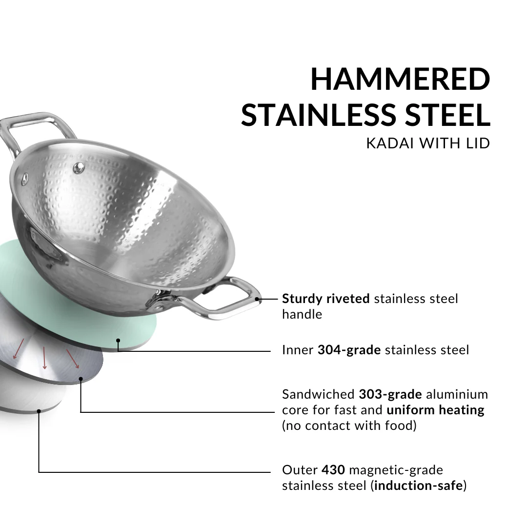 Hammered Tri Ply Induction Safe Stainless Steel Kadai With Lid 2250ml - Image 5