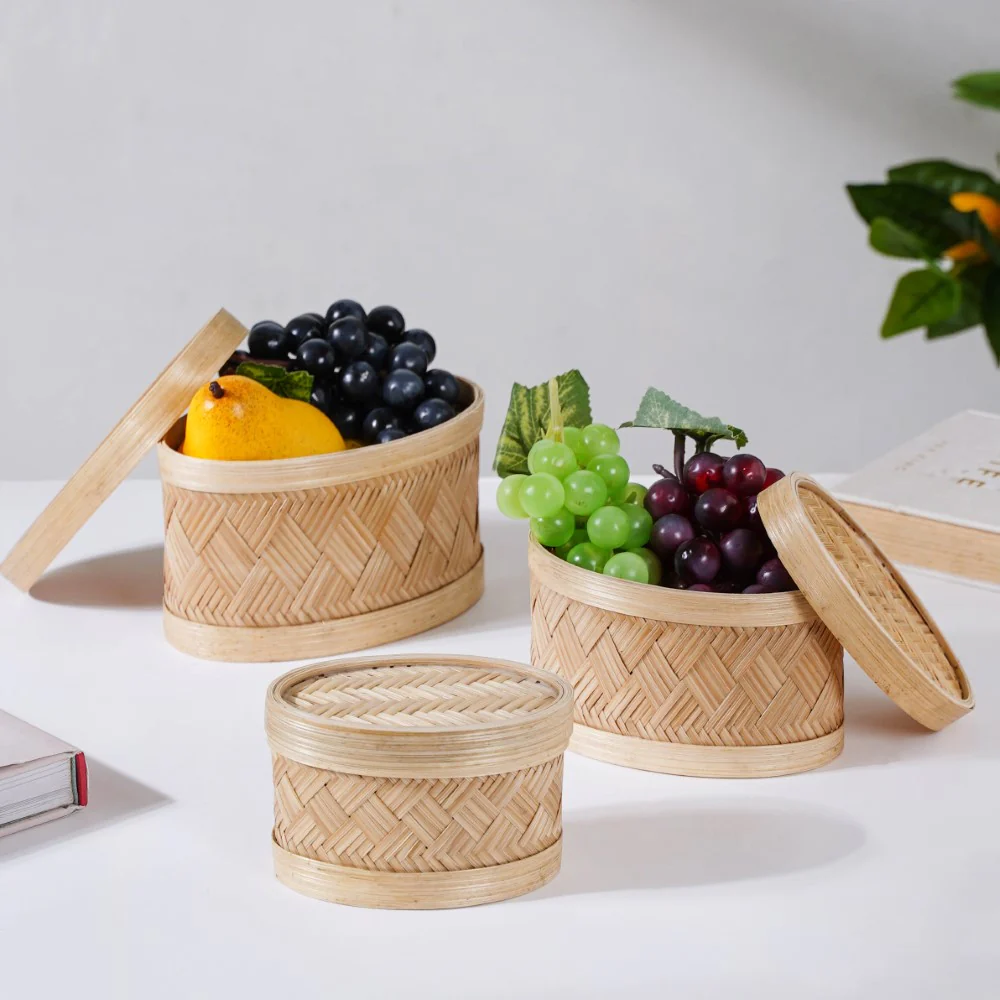 Hand Crafted Oval Bamboo Storage Basket Set of 3 - Image 4