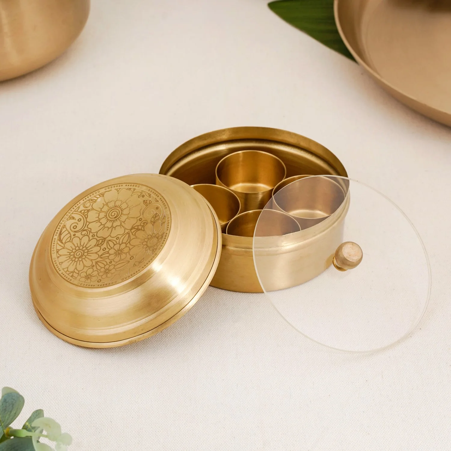 Handcrafted Brass Marigold Mukhwas Box – Spice & Mouth Freshener Holder - Image 2