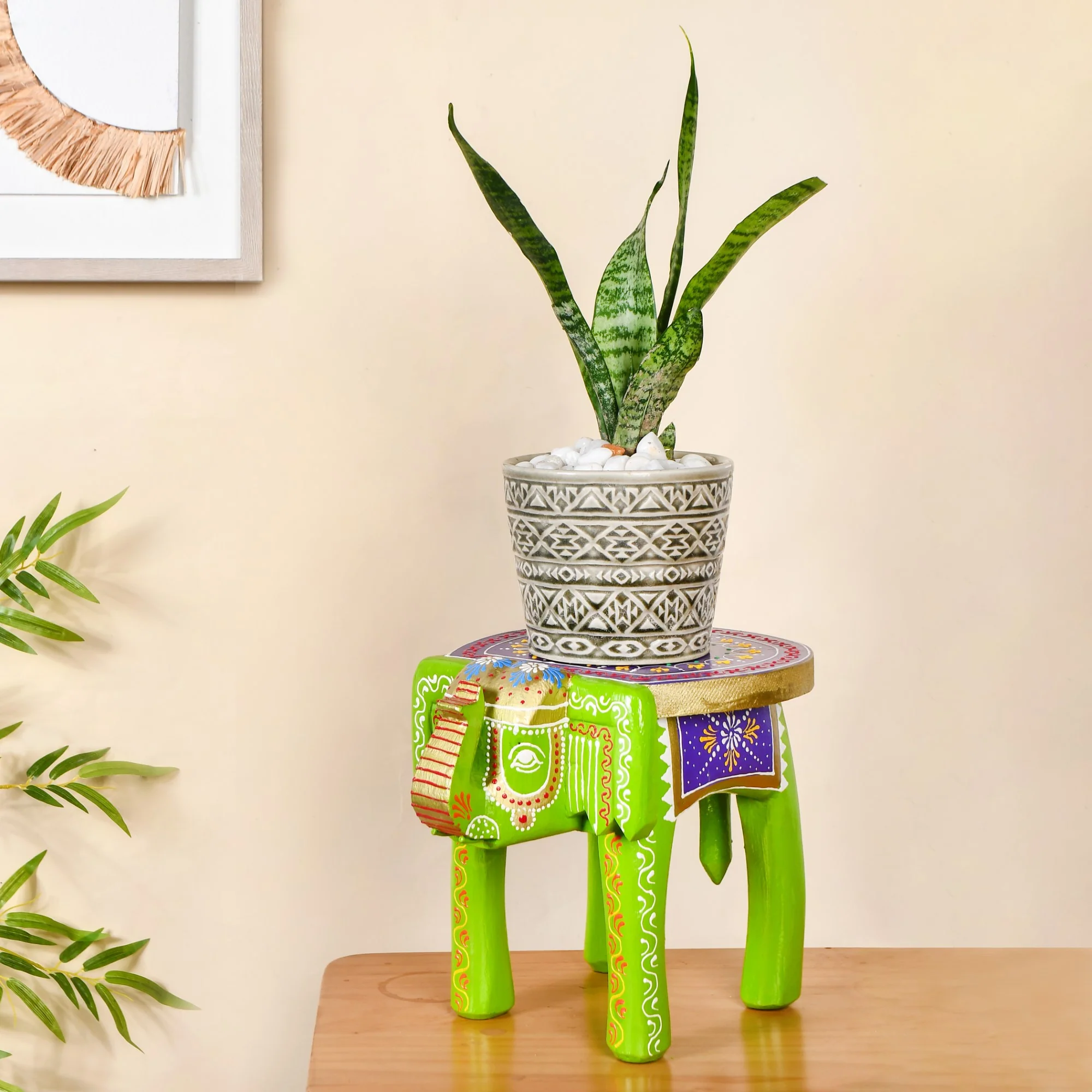 Handcrafted Vibrant Banjara Wooden Elephant Riser - Image 3