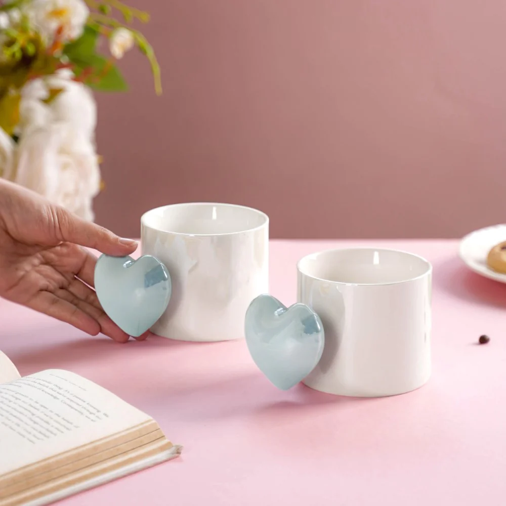 Heart Ceramic Coffee Mugs Set of 2 Blue 330ml - Image 2