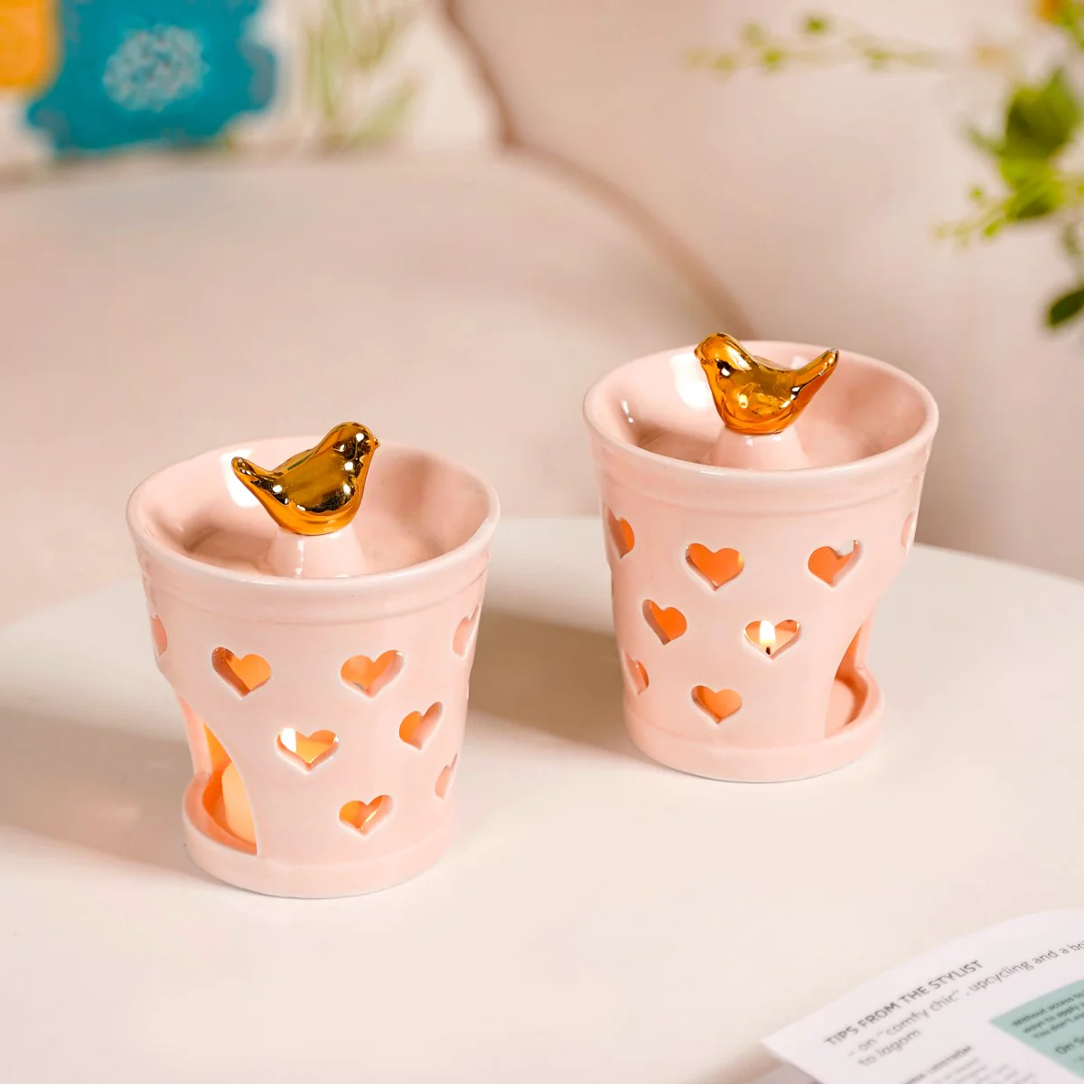 Heart Cutwork Ceramic Diffuser Set Of 2 Peach