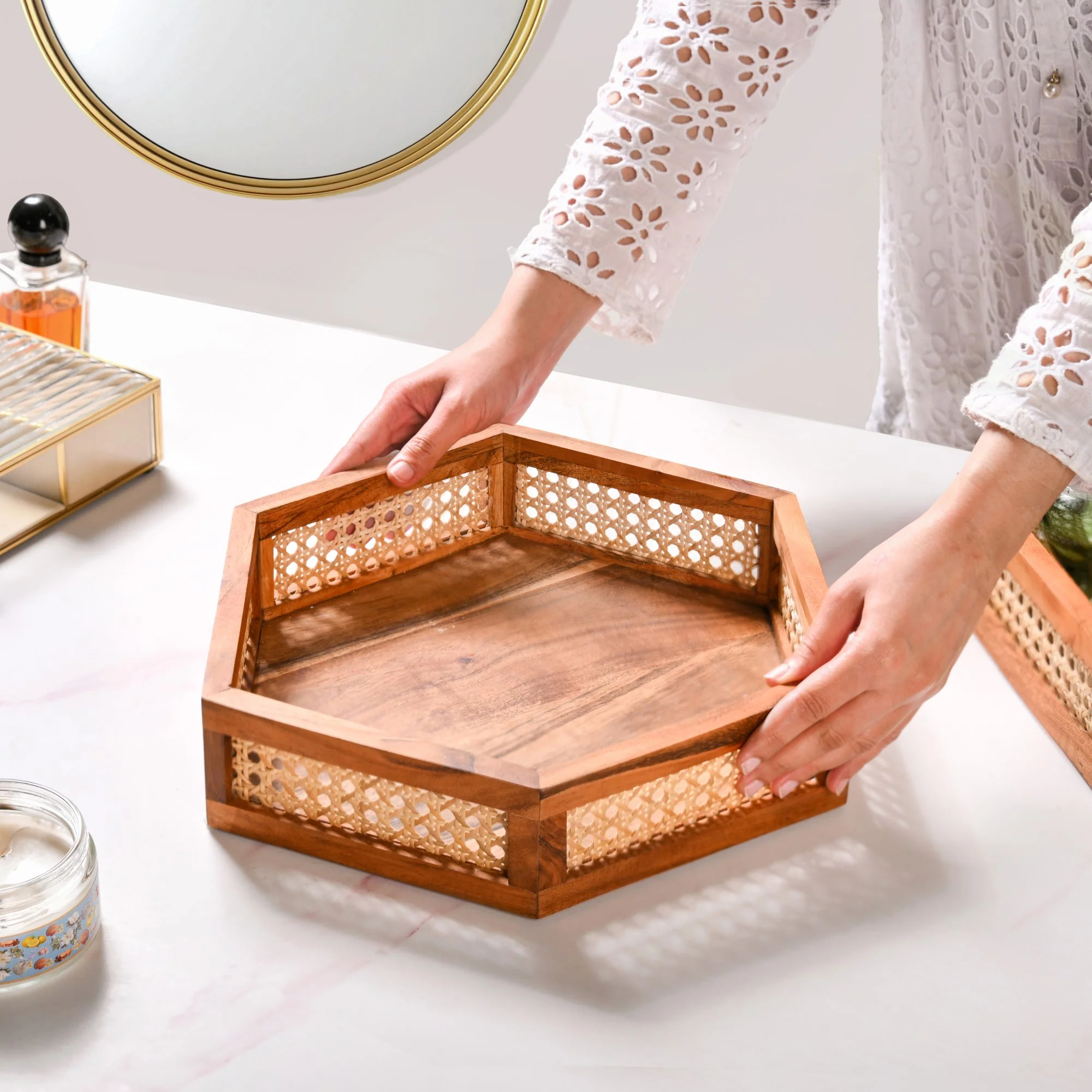Hexagon Acacia Wood Rattan Cane Tray - Image 3