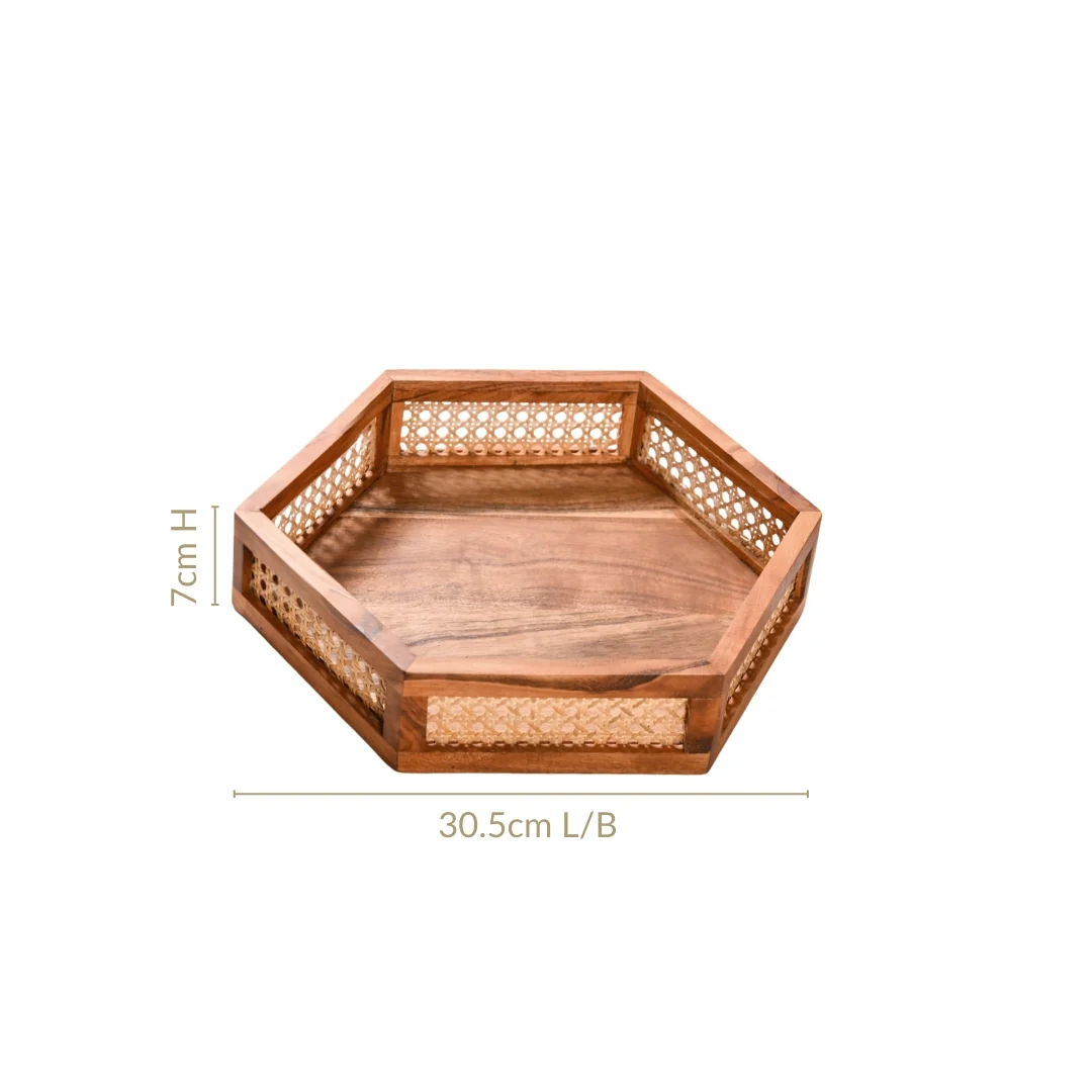 Hexagon Acacia Wood Rattan Cane Tray - Image 4