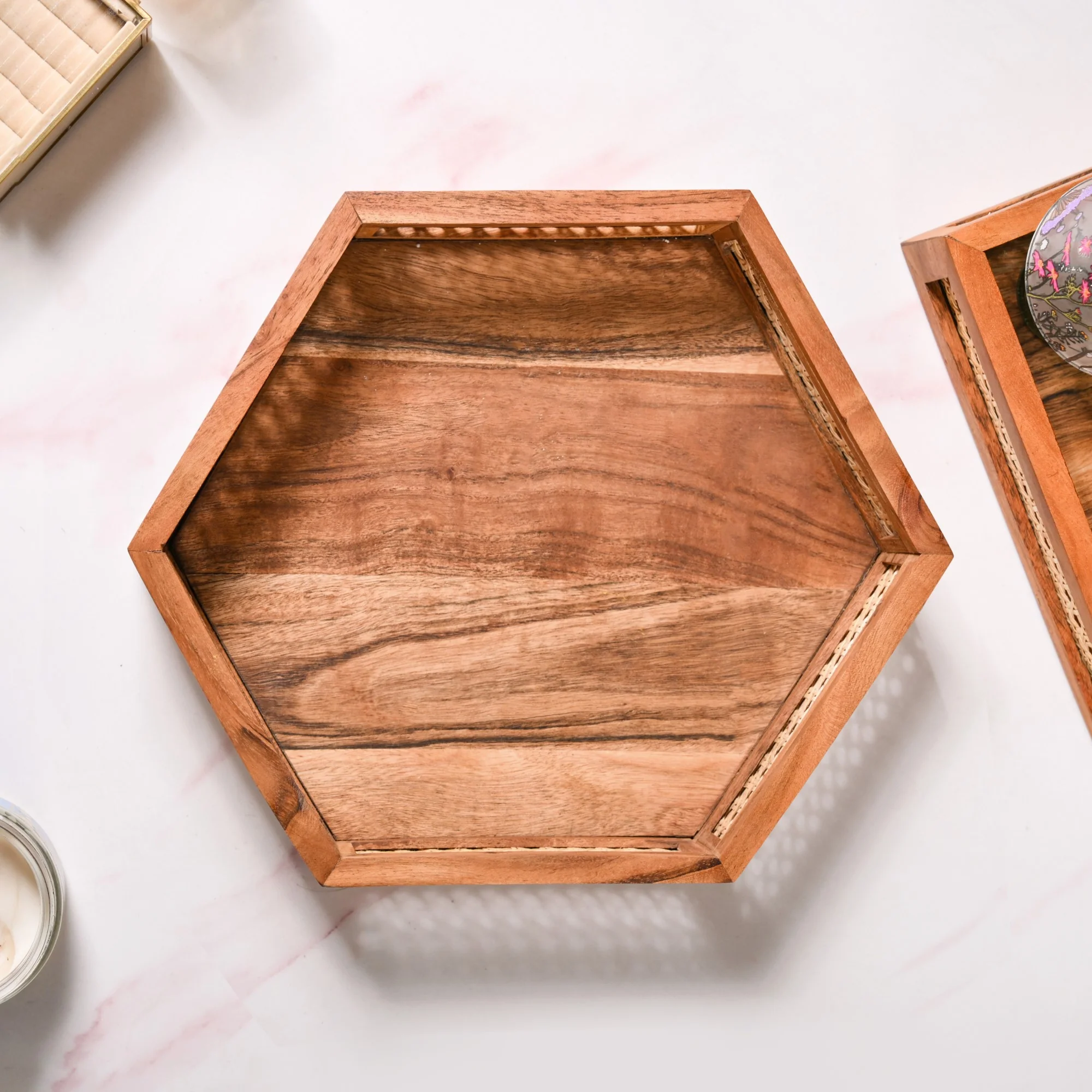 Hexagon Acacia Wood Rattan Cane Tray - Image 8
