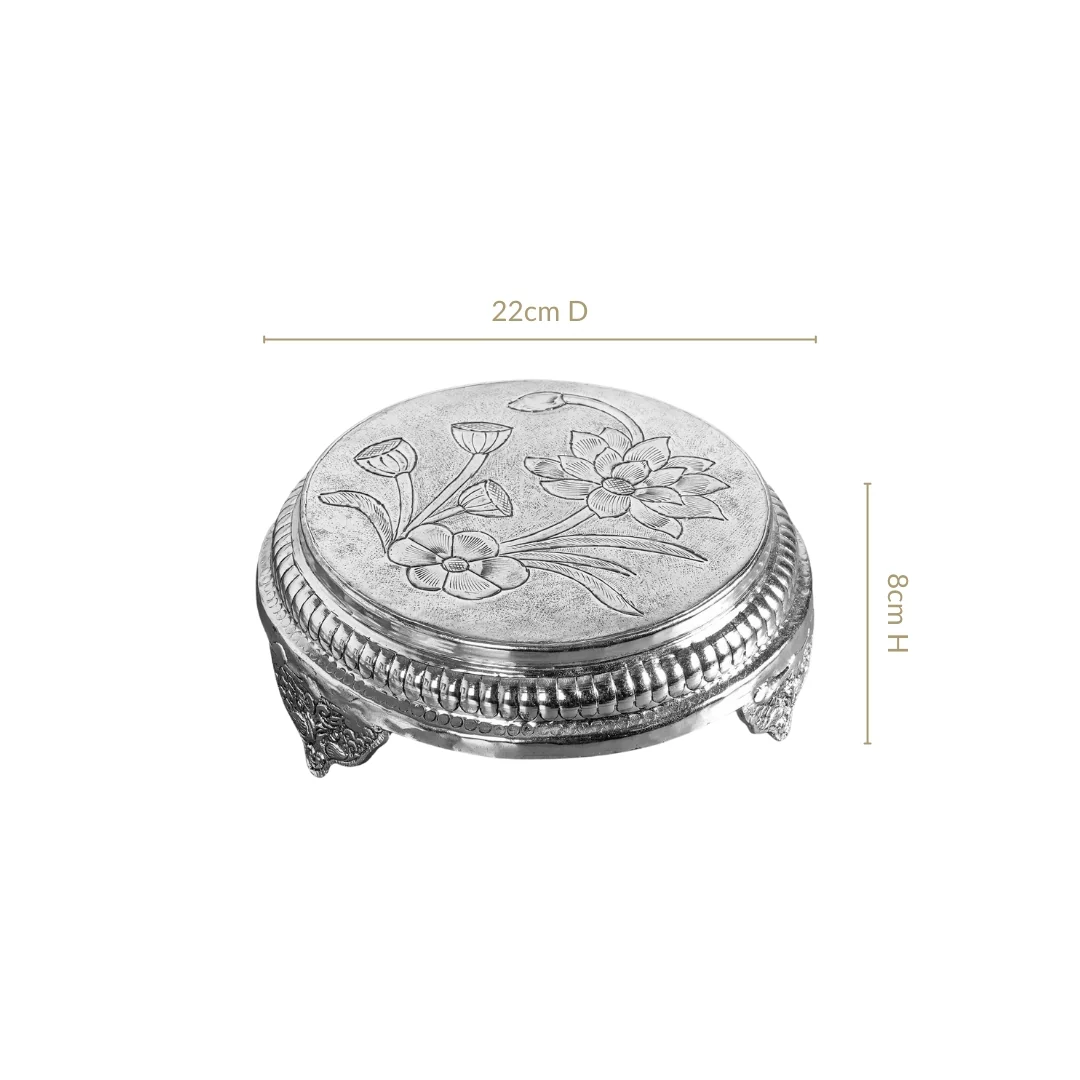 Hibiscus Brass Pooja Chowki With Silver Polish 22x8cm - Image 4