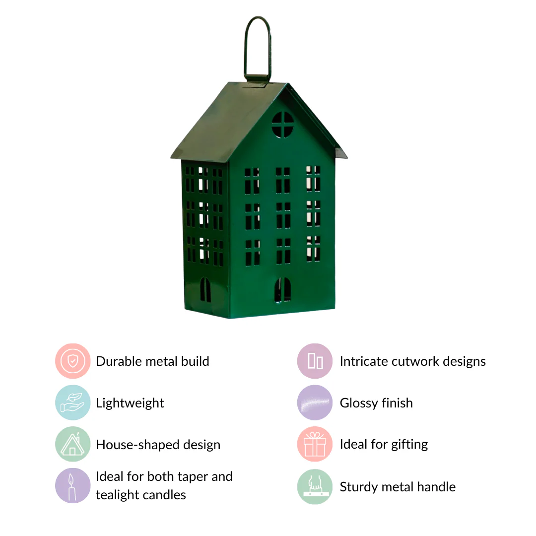 House Shaped Lantern With Handle Green - Image 5