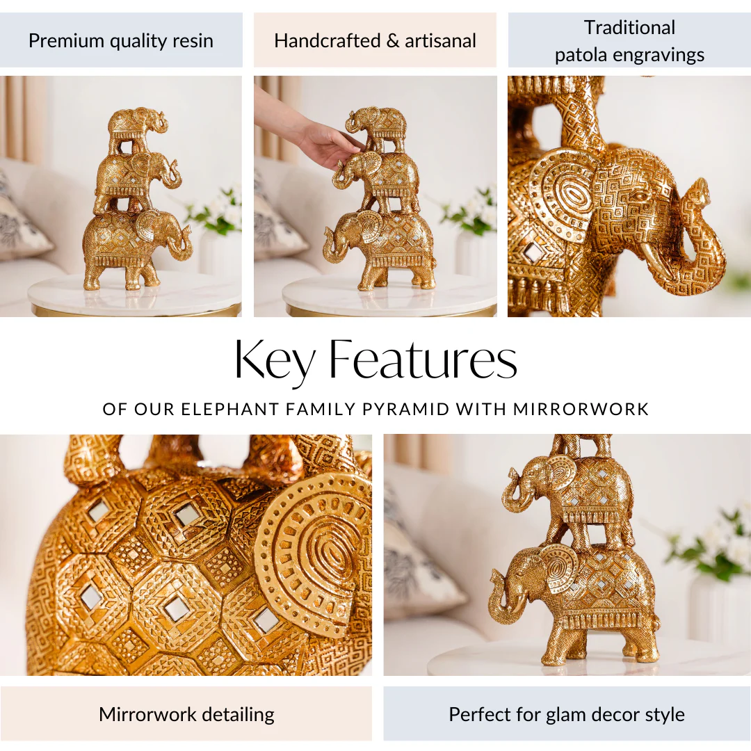 Indian Decorated Elephant Family With Mirrorwork Gold - Image 4