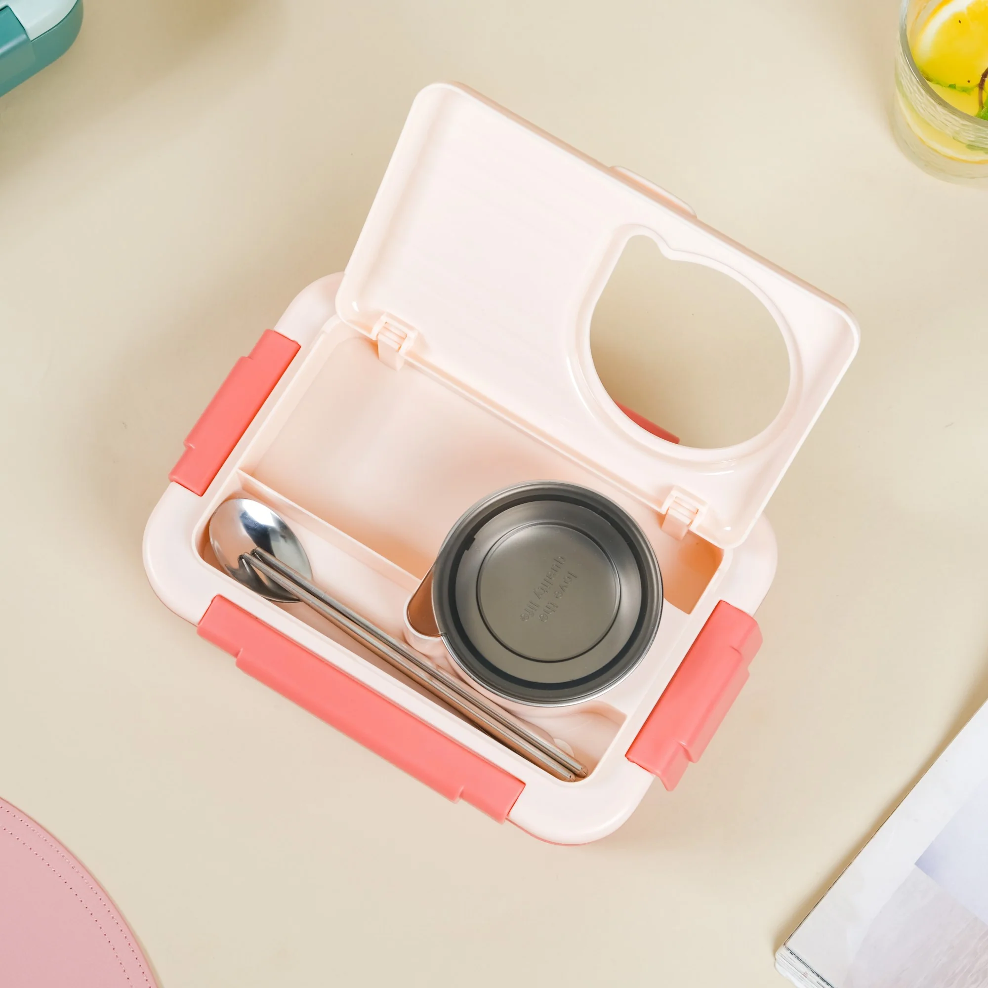 Insulated Lunch Box With 2 Compartments Pink 800ml - Image 14