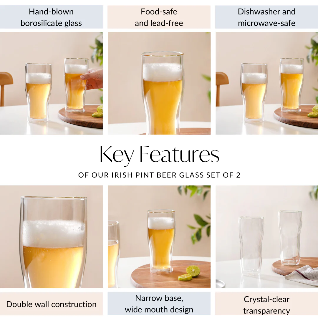 Irish Pint Beer Double Wall Glass Set Of 2 575ml - Image 5