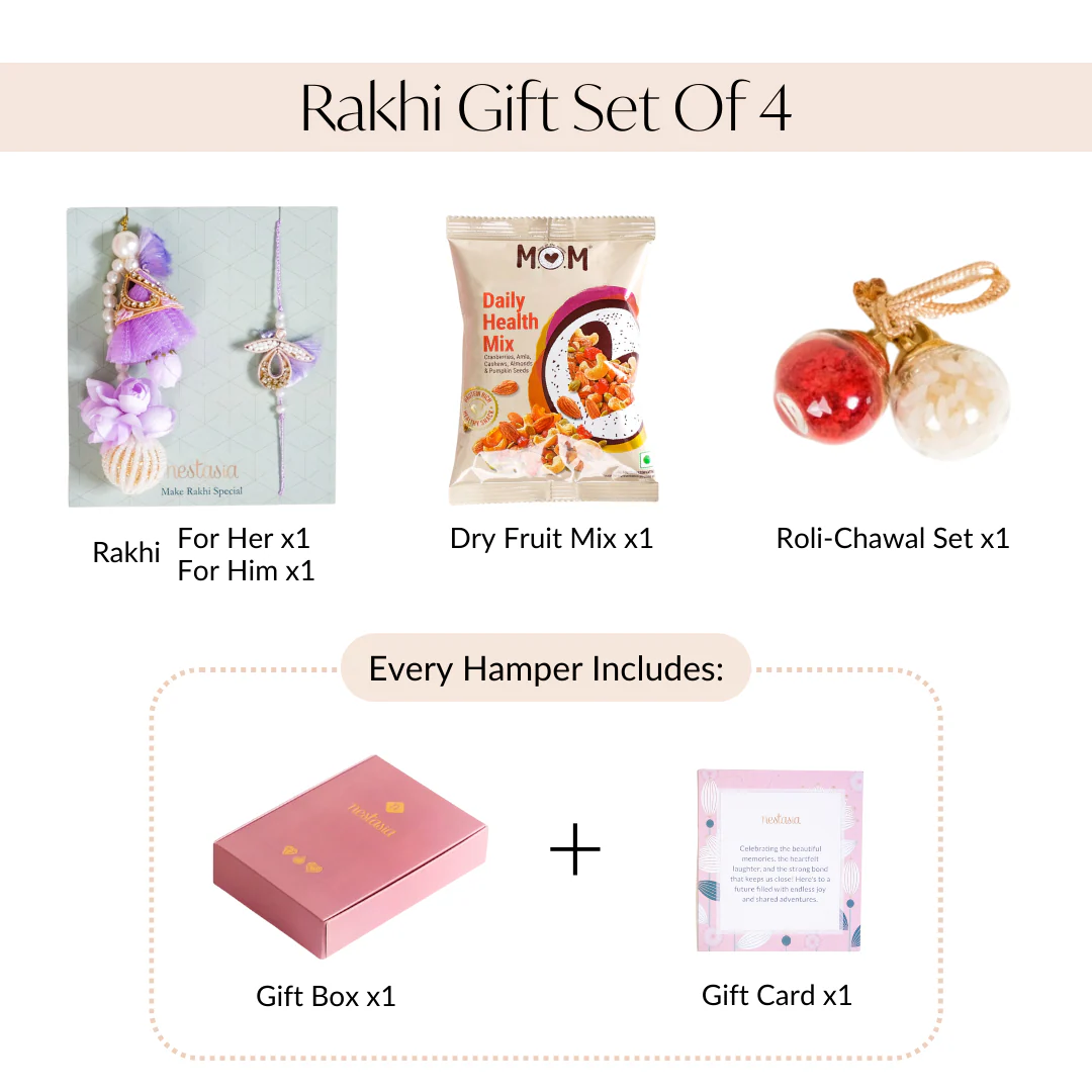 Lavender Couple Rakhi Gift Set Of 4 With Box And Card - Image 6