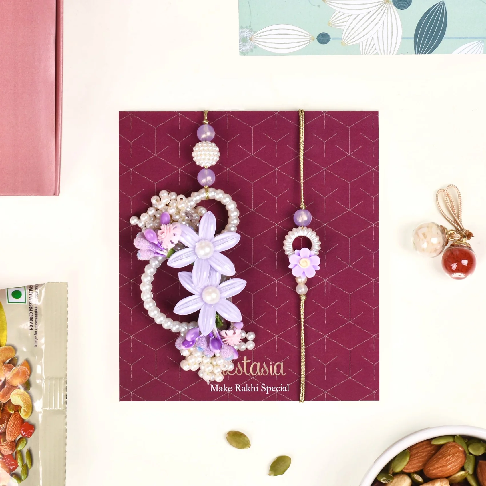 Lavender Pearl Rakhi Lumba Set Of 4 With Gift Box And Card