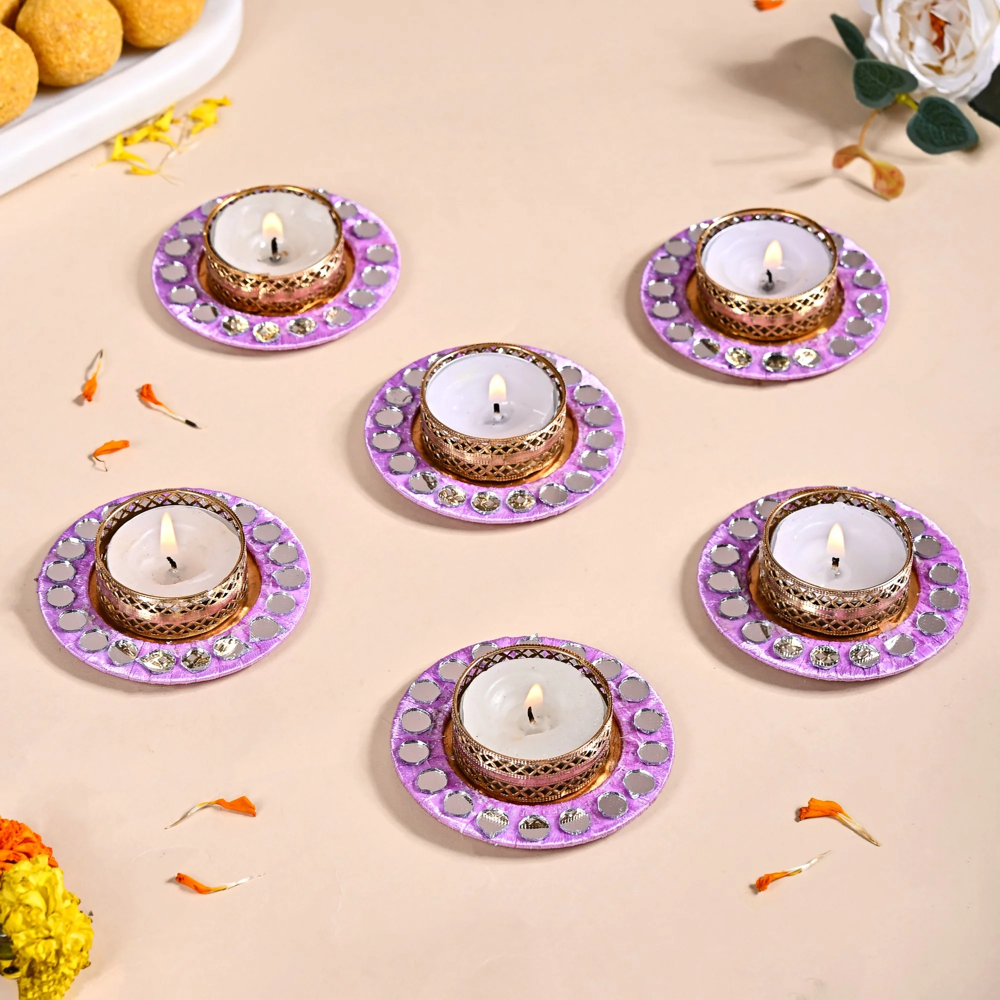 Lavender Tealight Holders With Mirror Decoration Set Of 6 - Image 2