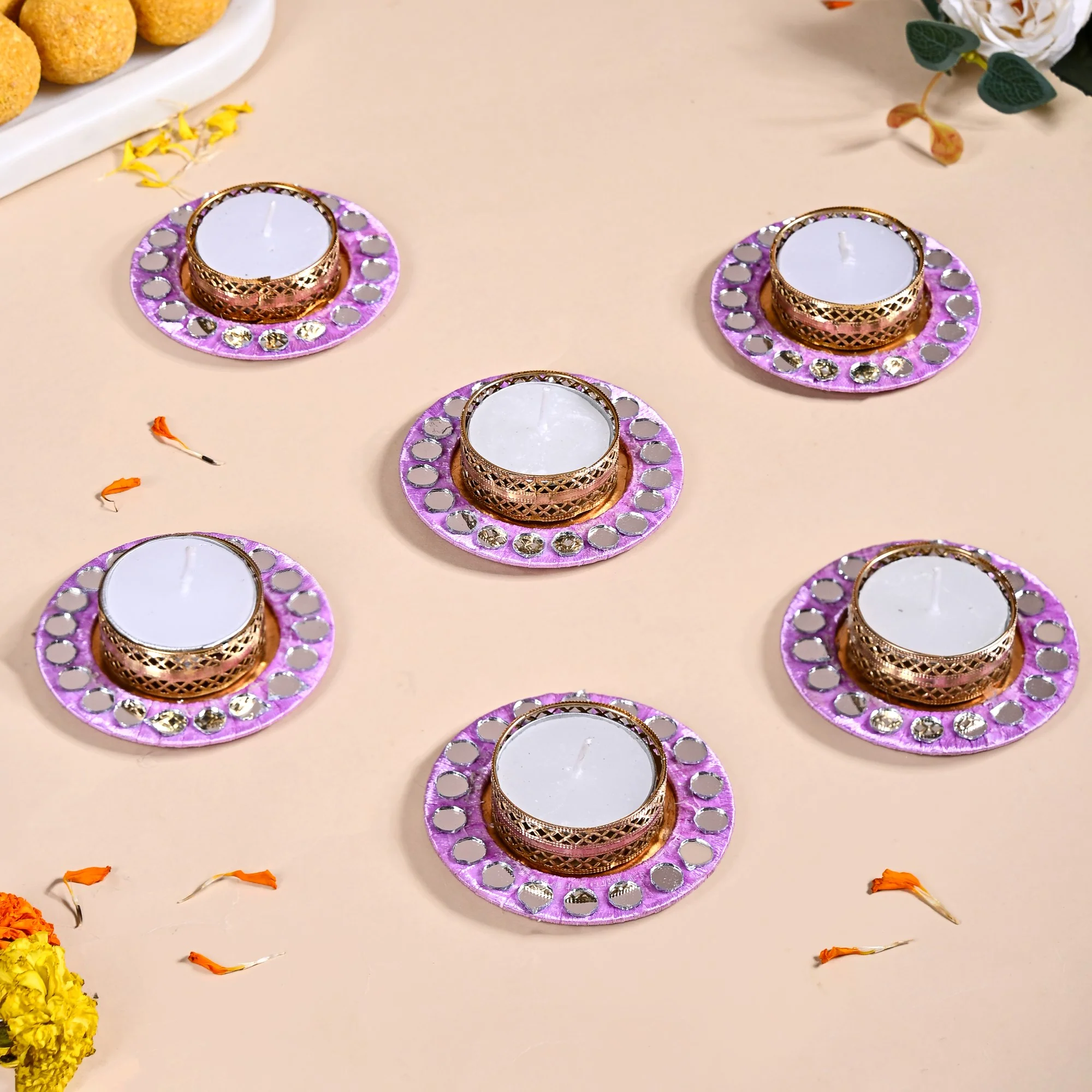 Lavender Tealight Holders With Mirror Decoration Set Of 6 - Image 6