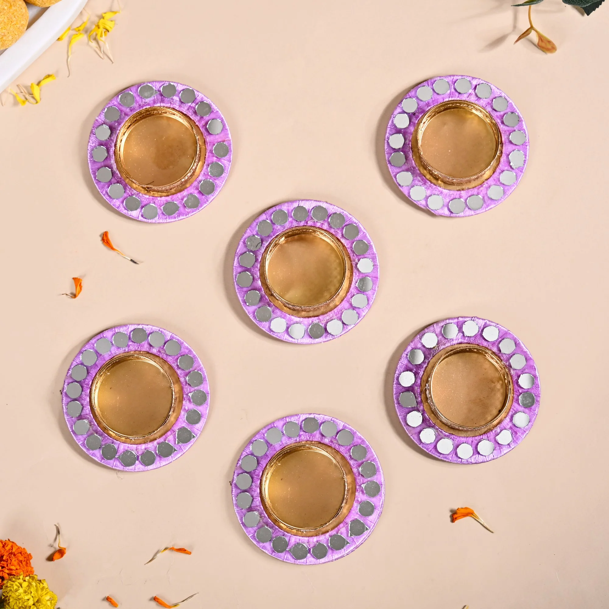 Lavender Tealight Holders With Mirror Decoration Set Of 6 - Image 7