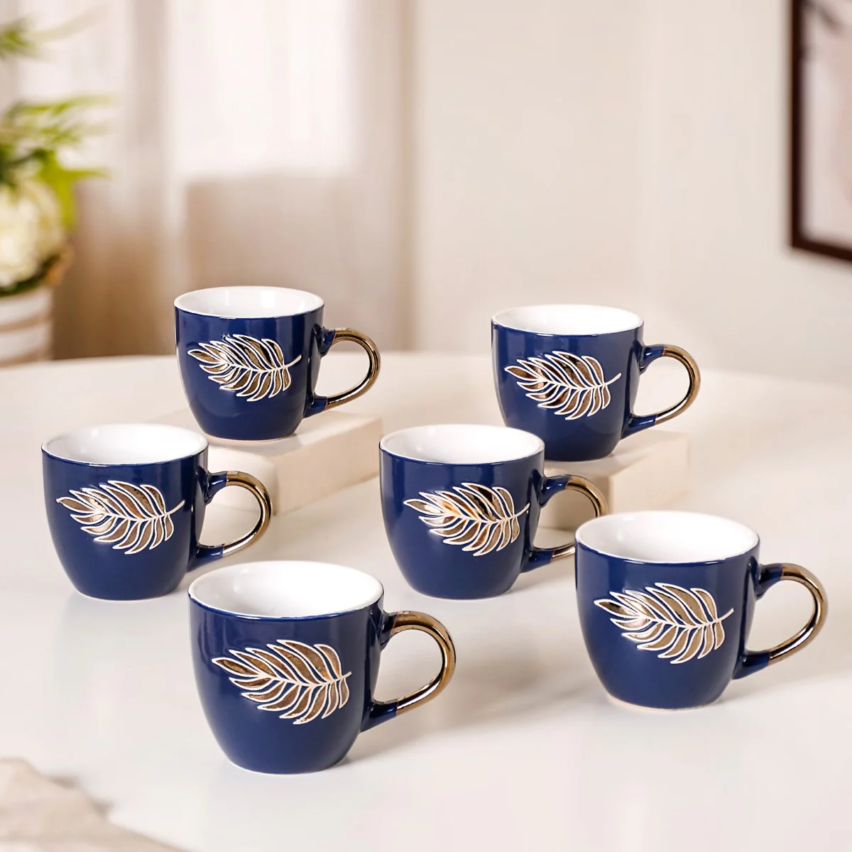 Luxe Leaf Tea Cup Set Of 6 Navy Blue 250ml - Image 10