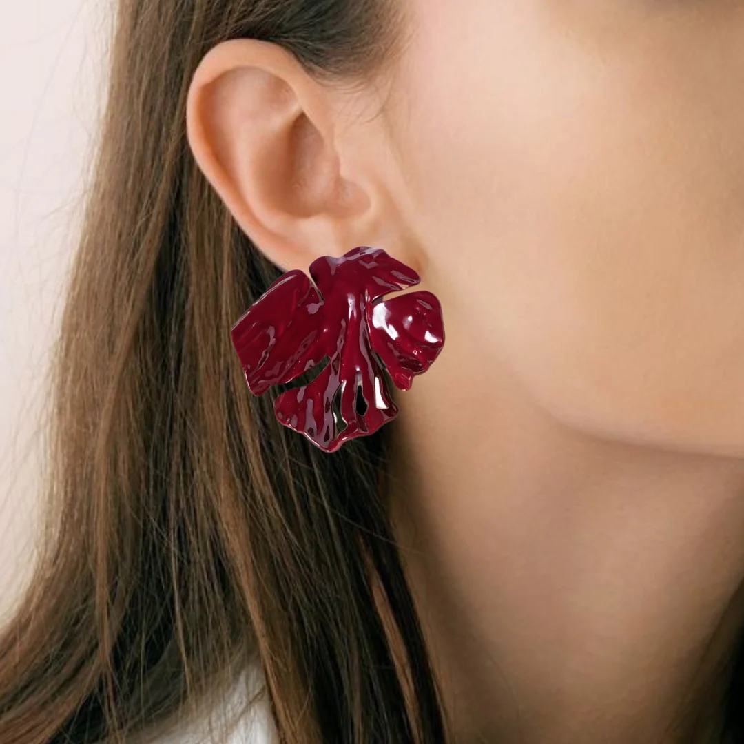Leaf Textured Maroon Earrings - Image 5