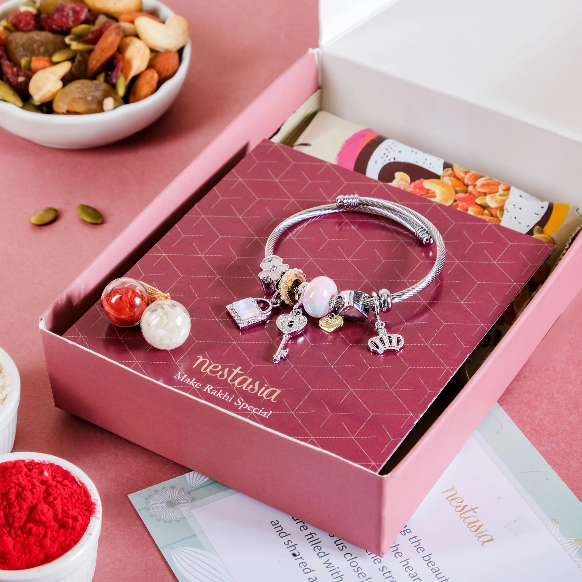 Lock And Key Charm Bracelet Rakhi Gift Set Of 3 With Box And Card - Image 2