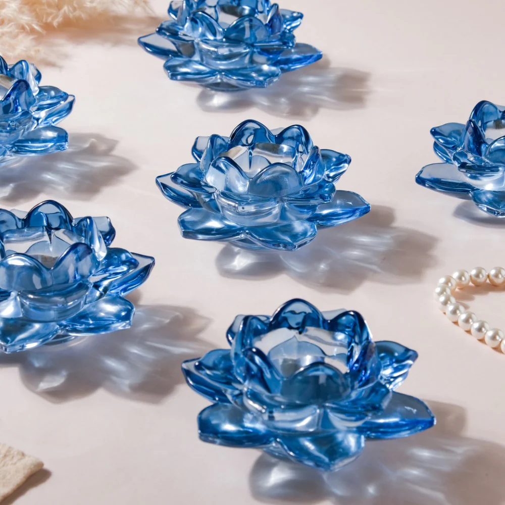Lotus Glass Tea Light Holder Blue Set of 6 - Image 5