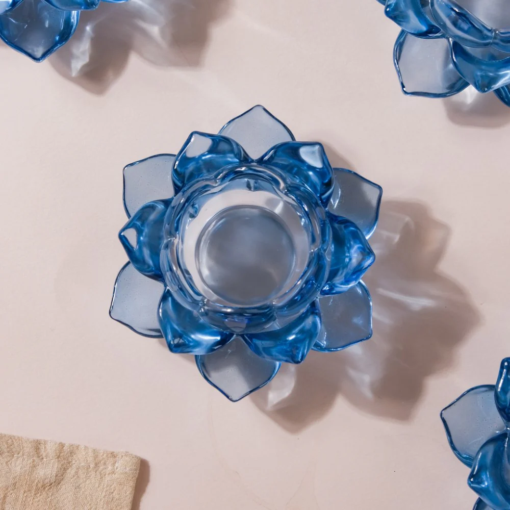 Lotus Glass Tea Light Holder Blue Set of 6 - Image 8