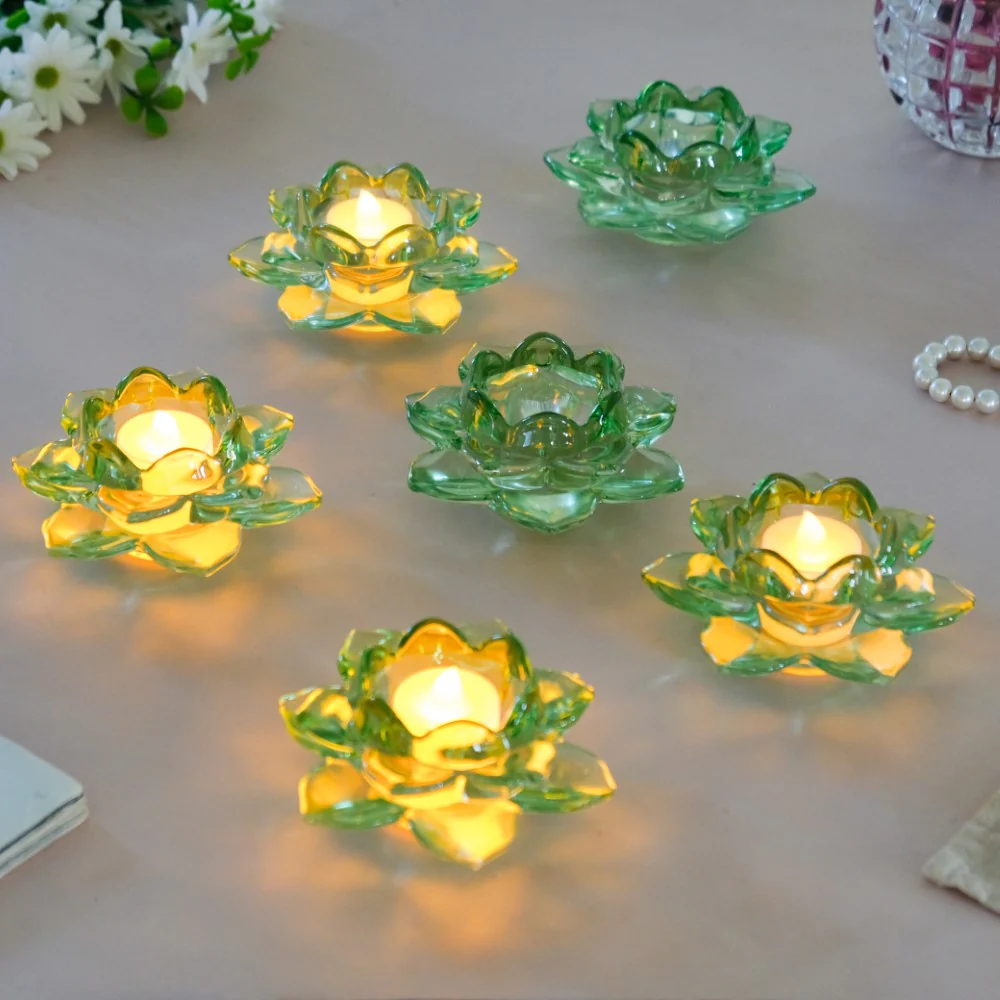 Lotus Glass Tea Light Holder Green Set of 6 - Image 2