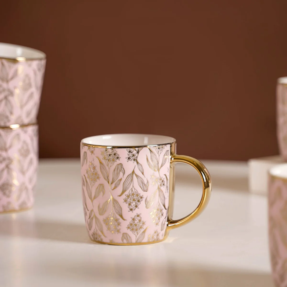 Luxe Ceramic Floral Teacup Set of 6 Pink Gold 350ml - Image 3