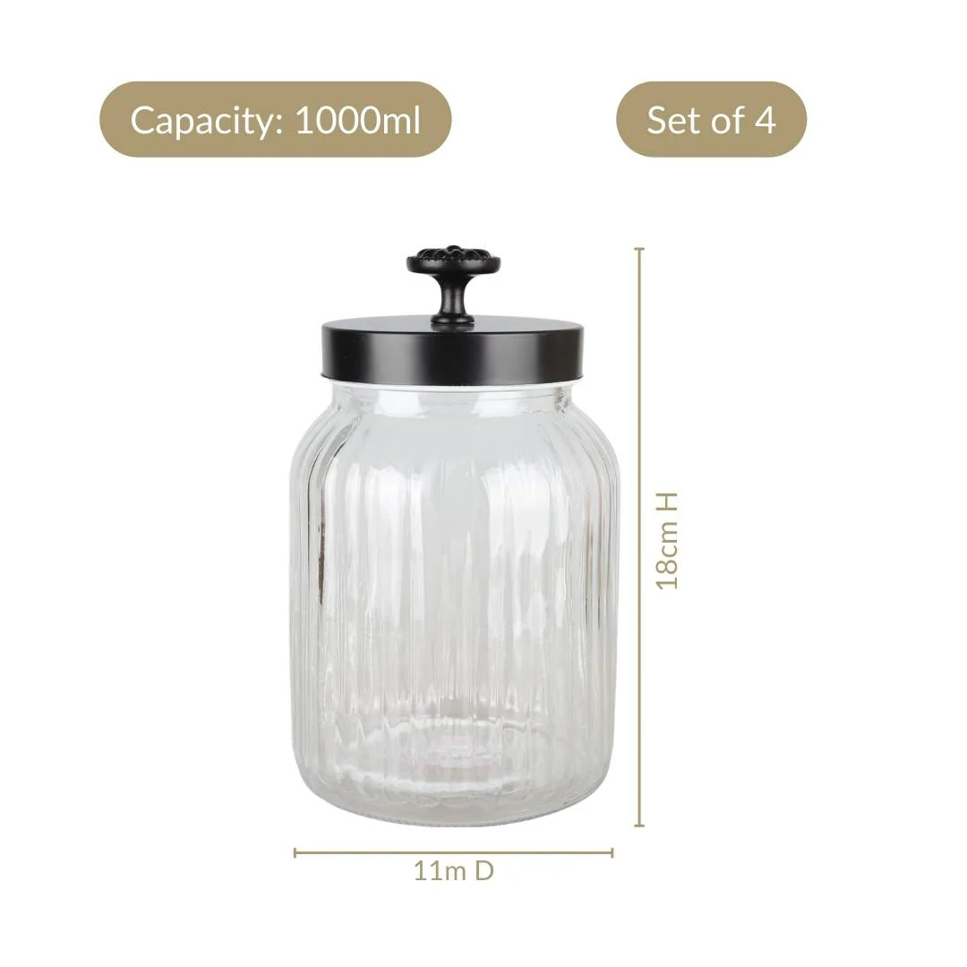 Luxe Fluted Jar With Flower Accent Lid Set Of 4 Matte Black 1000ml - Image 4