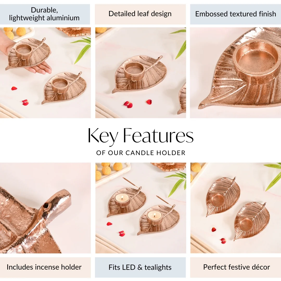 Luxe Metal Leaf Tealight And Incense Holder Set Of 2 In Festive Gift Box - Image 5