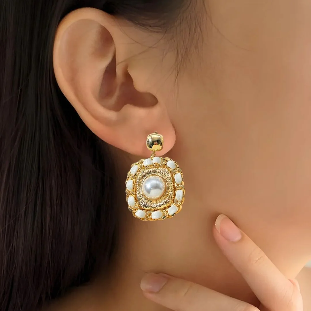 Luxe Textured Gold And Pearl Drop Earrings - Image 2