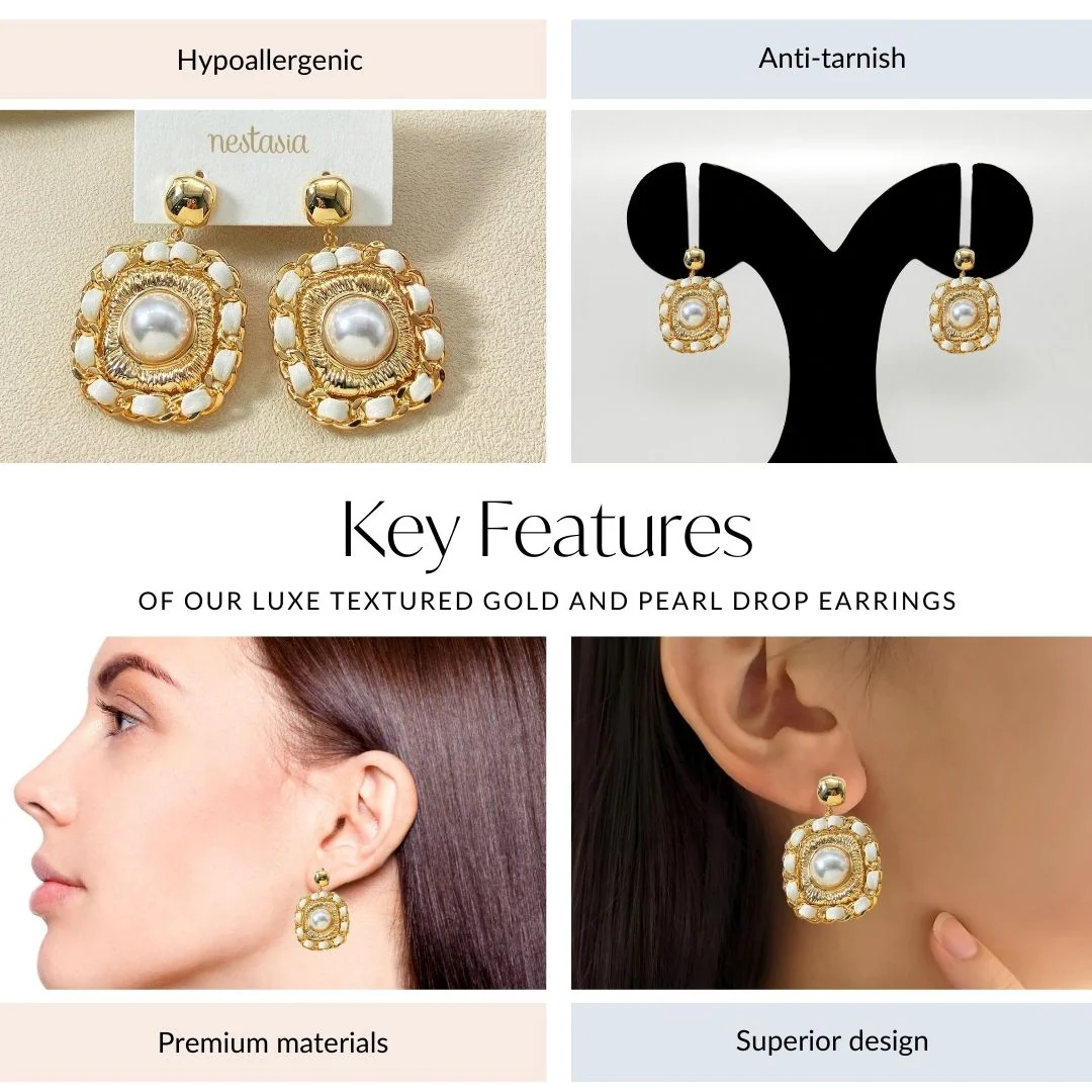 Luxe Textured Gold And Pearl Drop Earrings - Image 4