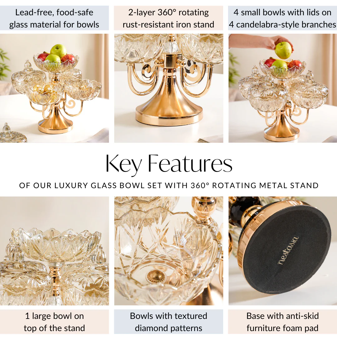 Luxury Glass Bowls Set of 5 With Lid And Rotating Stand - Image 5
