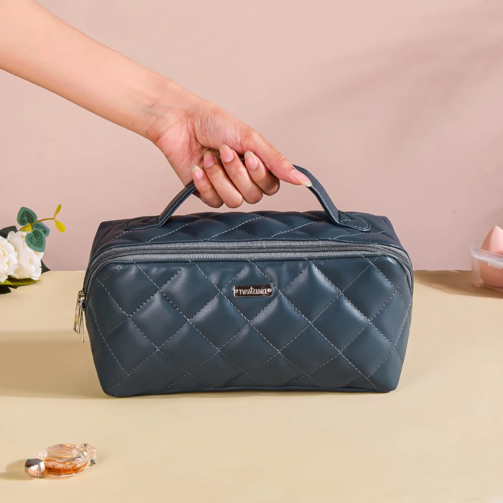 Makeup Pouch With Diagonal Side Zip Blue Grey Large - Image 11
