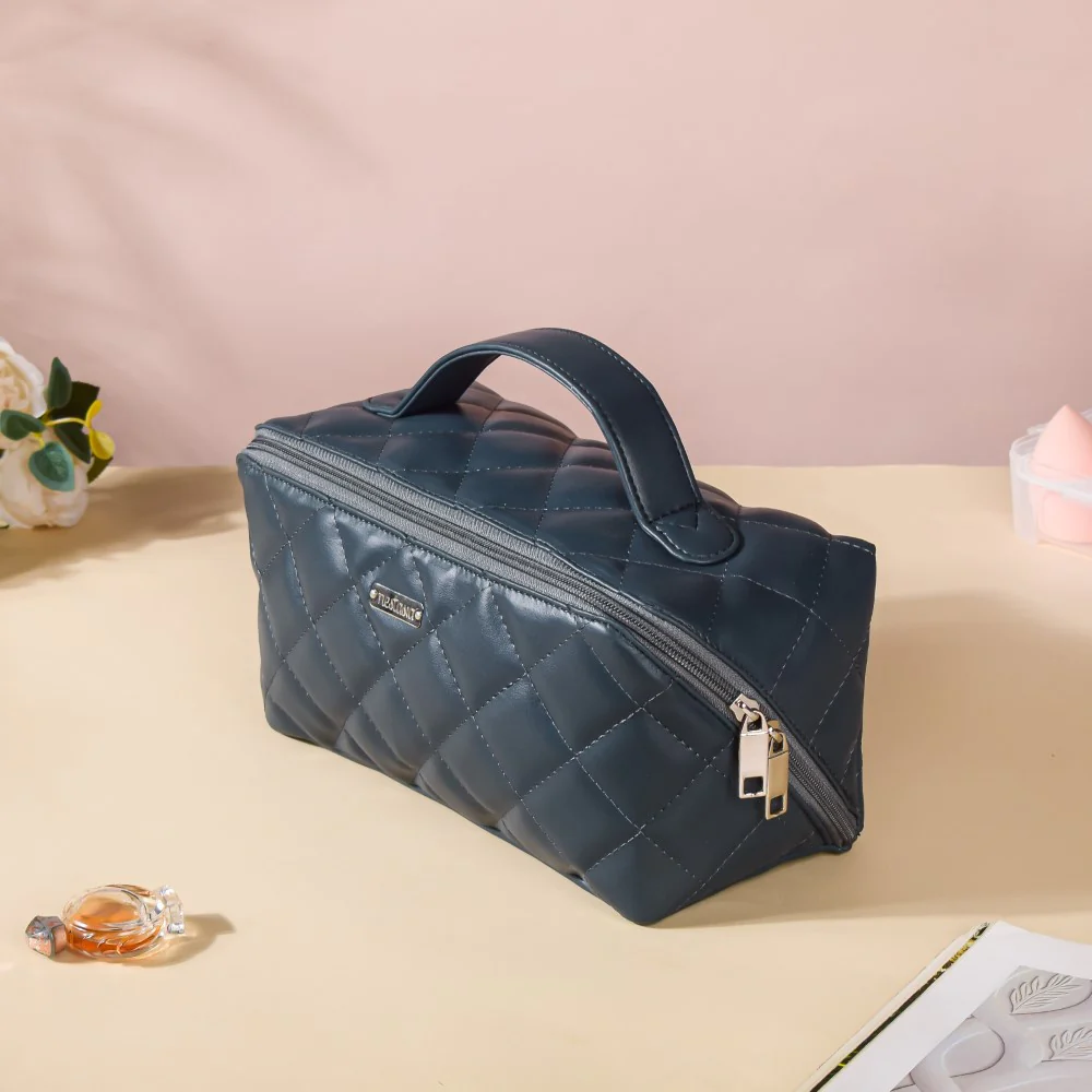 Makeup Pouch With Diagonal Side Zip Blue Grey Large - Image 8