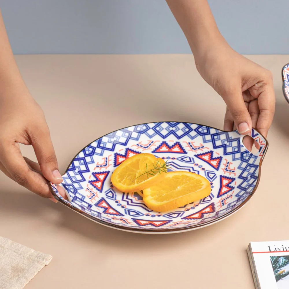 Mandala Blue Round Platter With Handle - Image 2