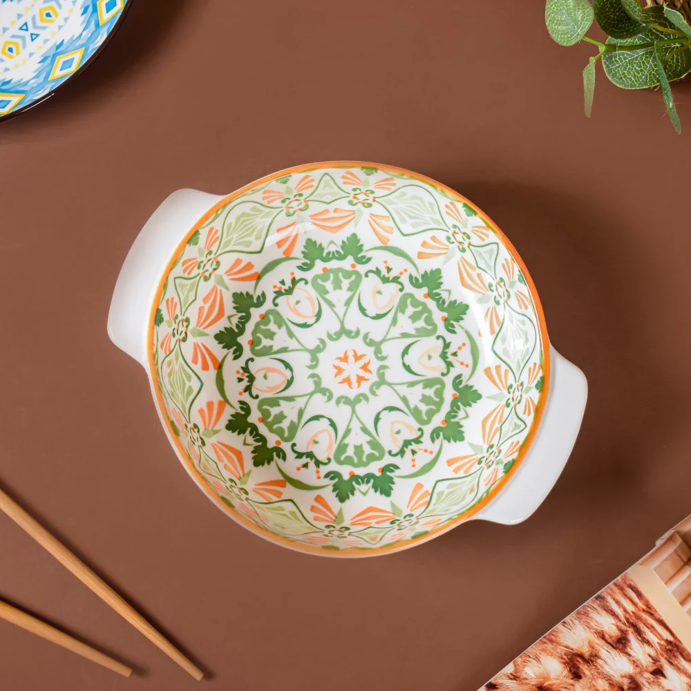 Mandala Green Floral Ceramic Baking Bowl With Handle 9 inch - Image 5